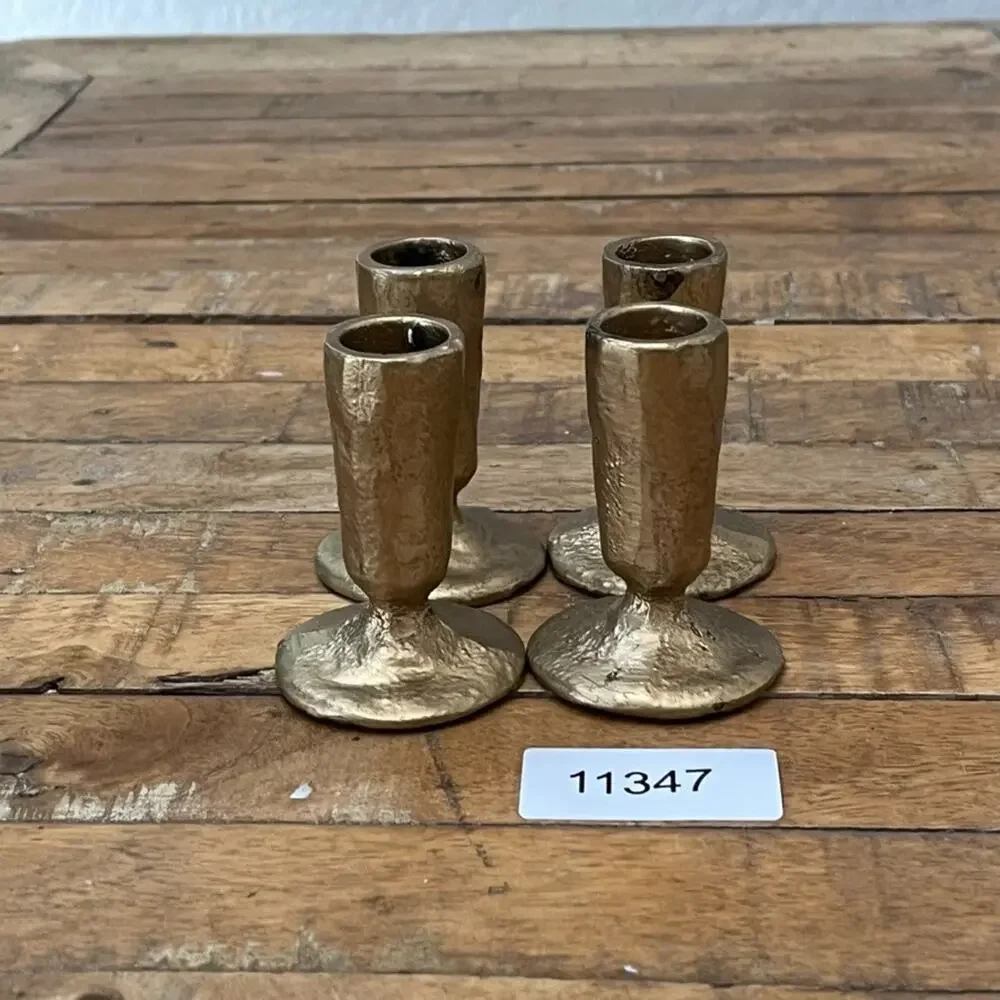 Handcrafted Antique Brass Iron Taper Candle Holders Set of 4 Gold Rustic Finish